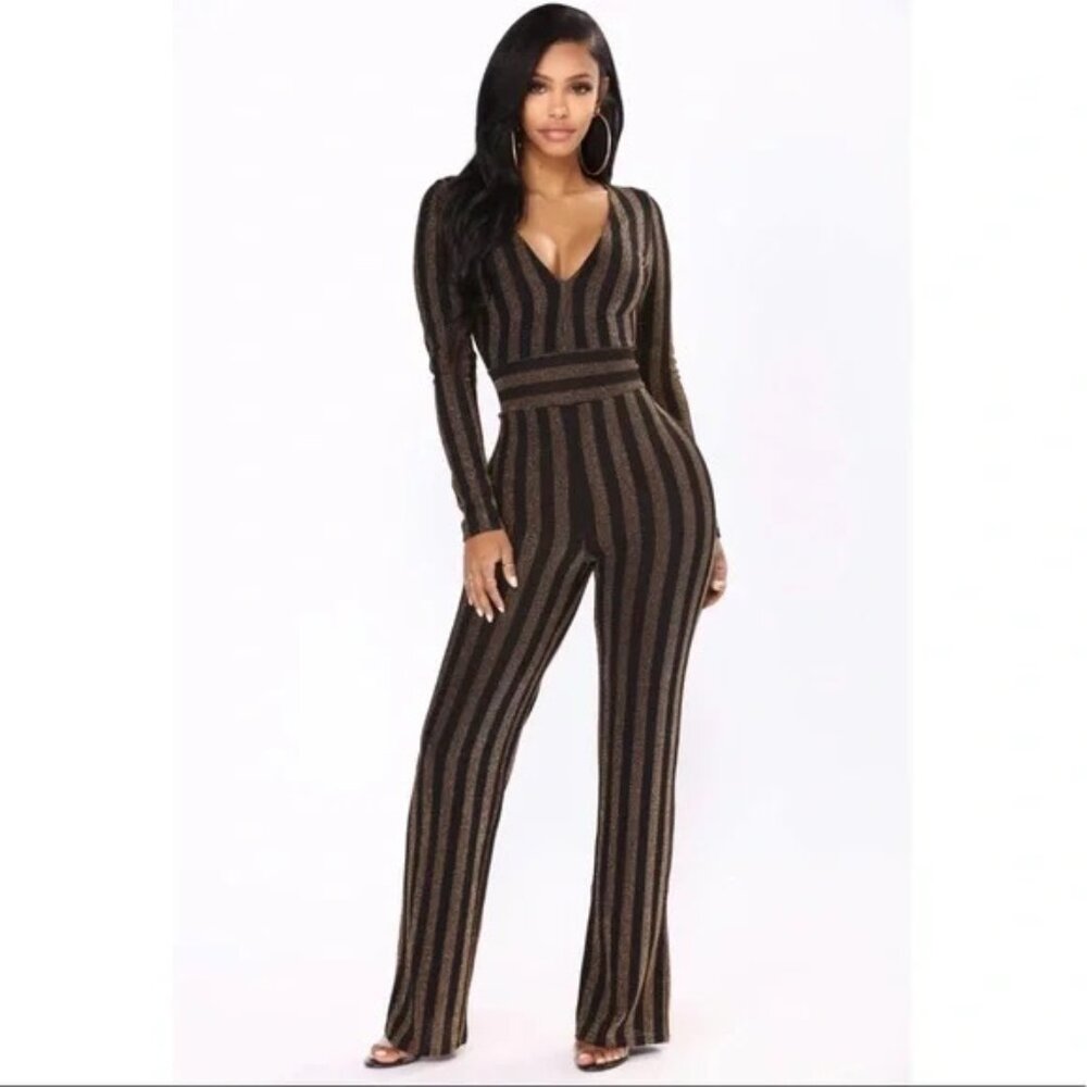 NWT Fashion Nova Anytime You need a Friend- Black and Gold jumpsuit- Medium